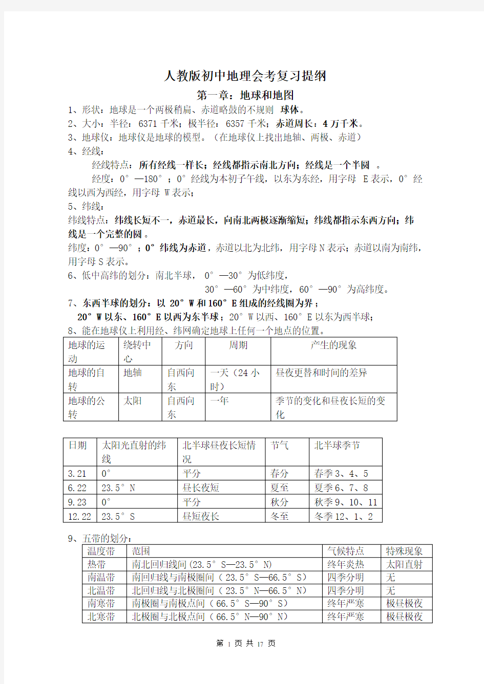 人教版初中地理会考复习提纲