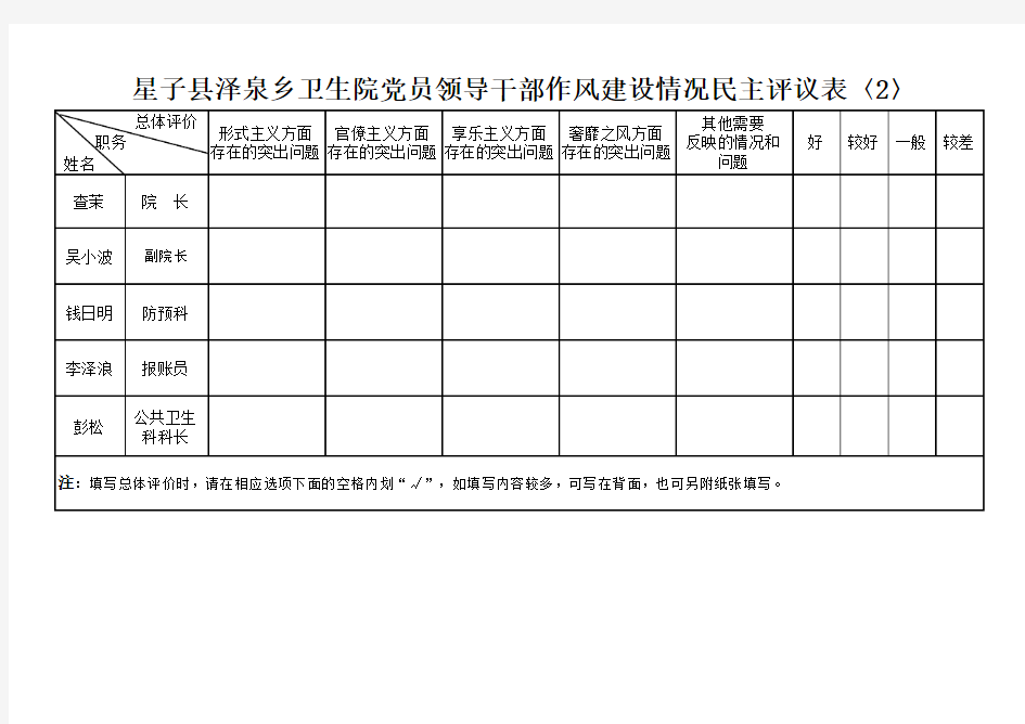 医院领导干部民主测评表