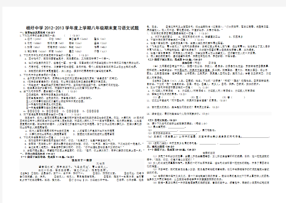 杨圩中学2012-2013学年度上学期八年级期末复习语文试题