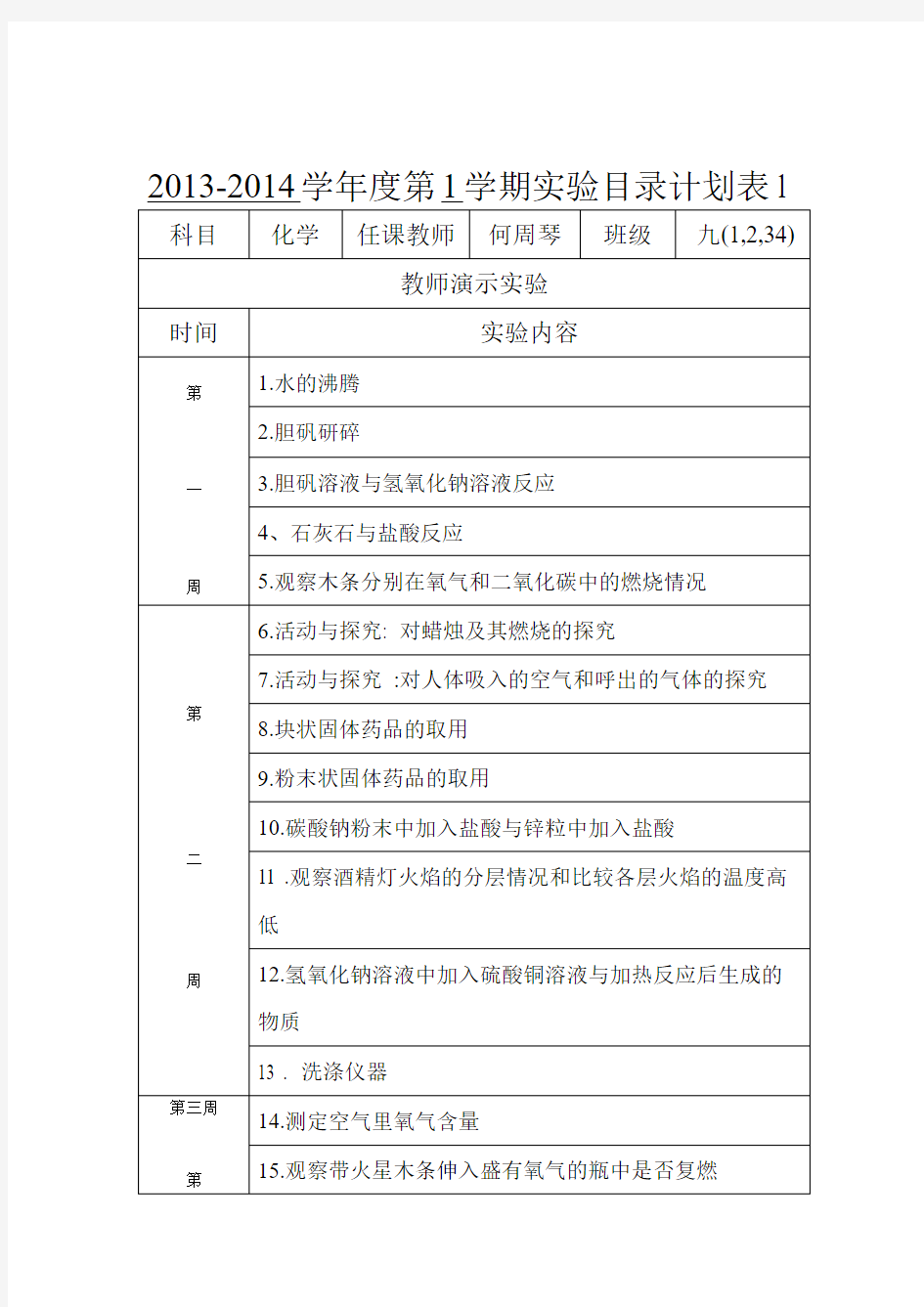 初三化学实验目录计划表20130901