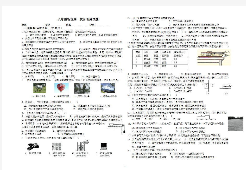 2014年春人教版八年级物理下第一次月考试题