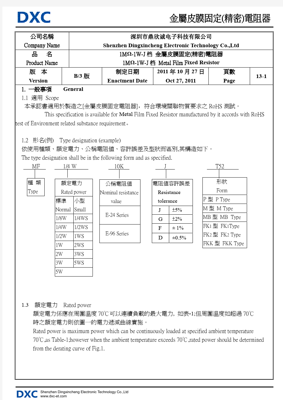 金属皮膜固定(精密)电阻器