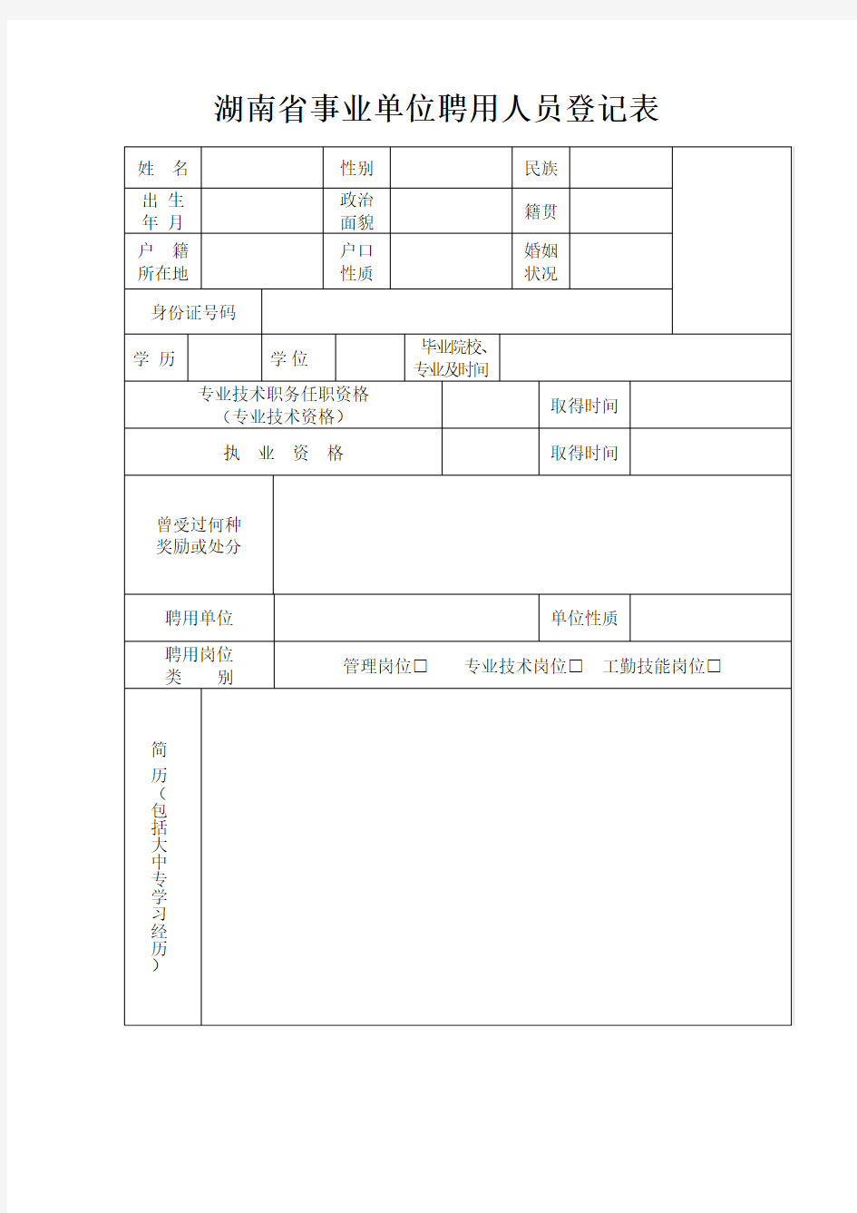 湖南省事业单位聘用人员登记表