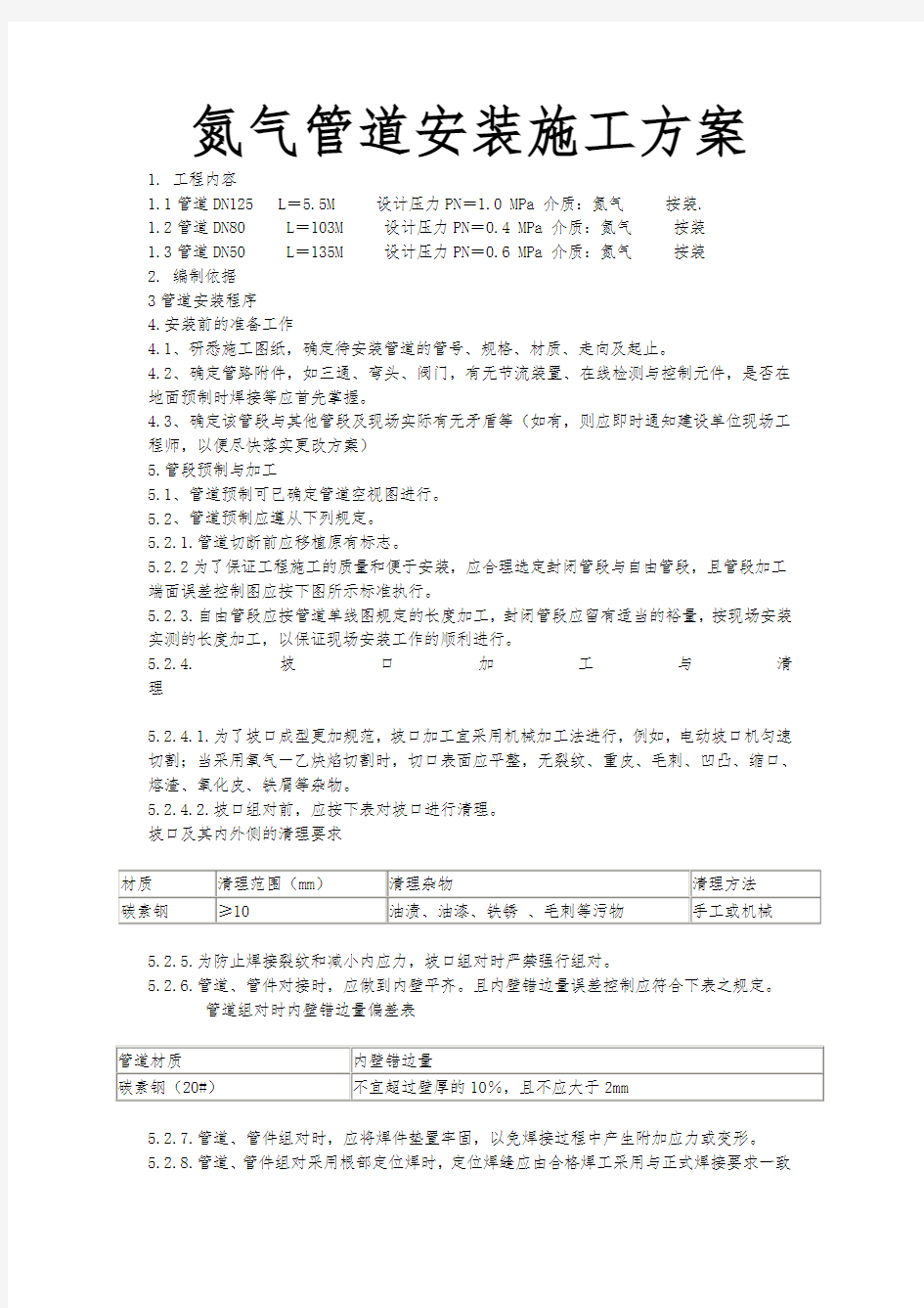 氮气管道安装工程施工设计方案