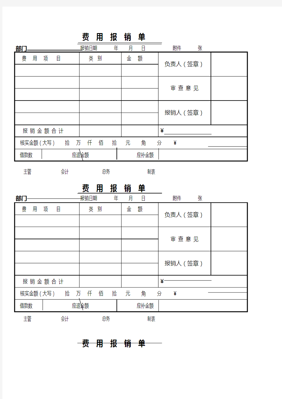 公司员工出差费用报销单