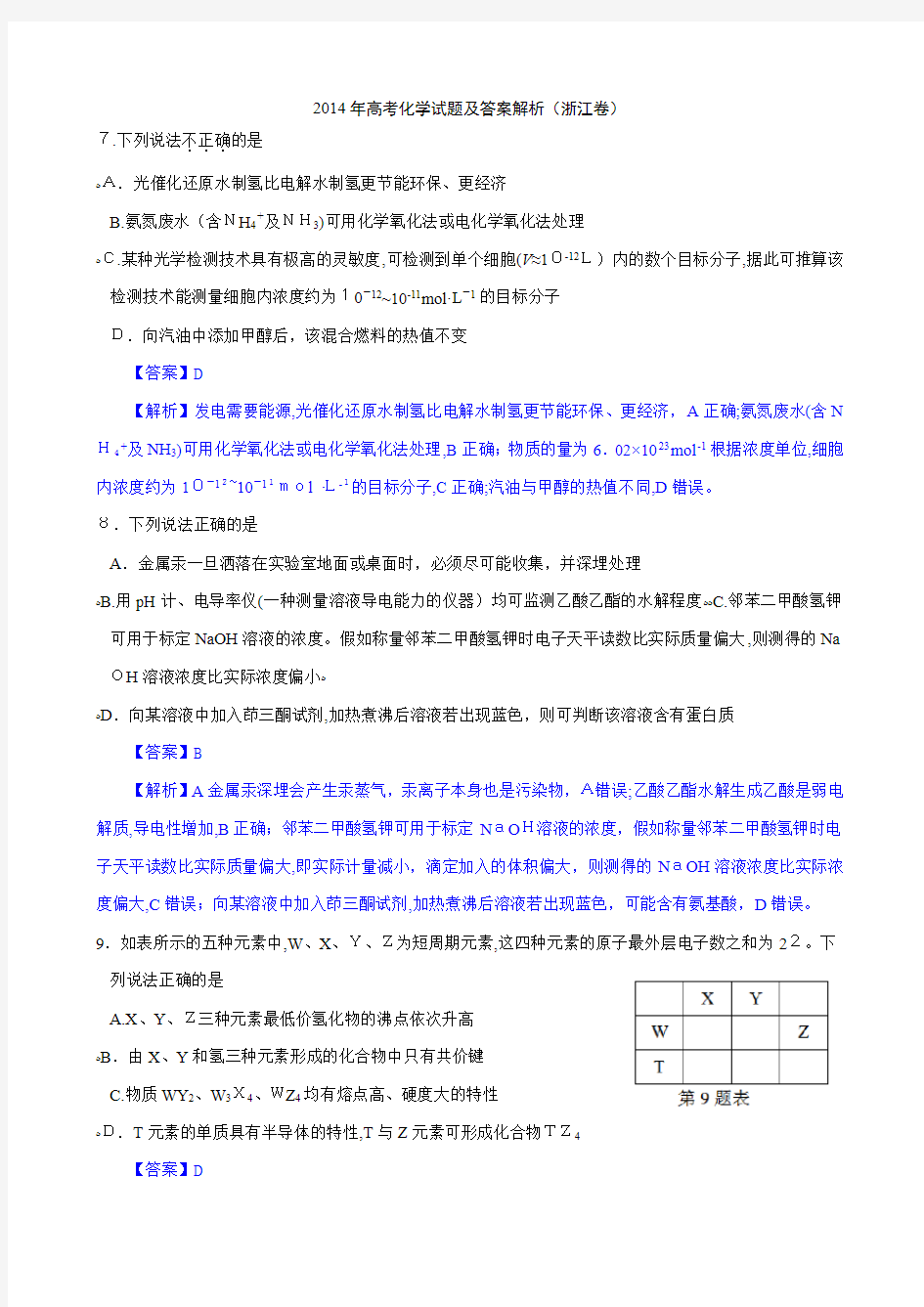 2014年浙江高考化学试题及标准答案【解析版】
