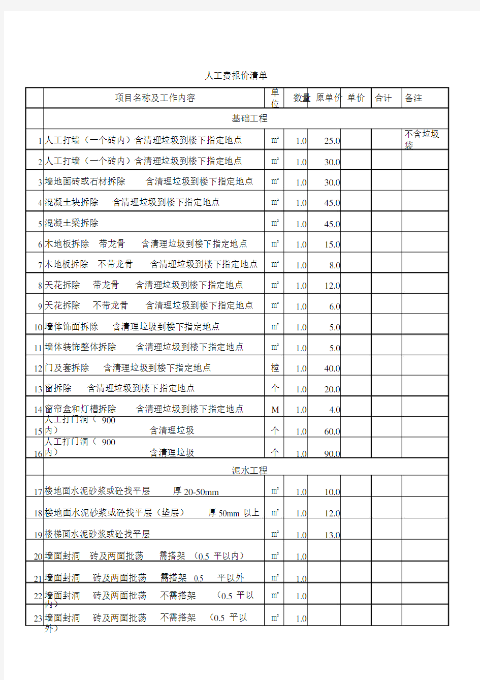 装修人工费报价清单.doc