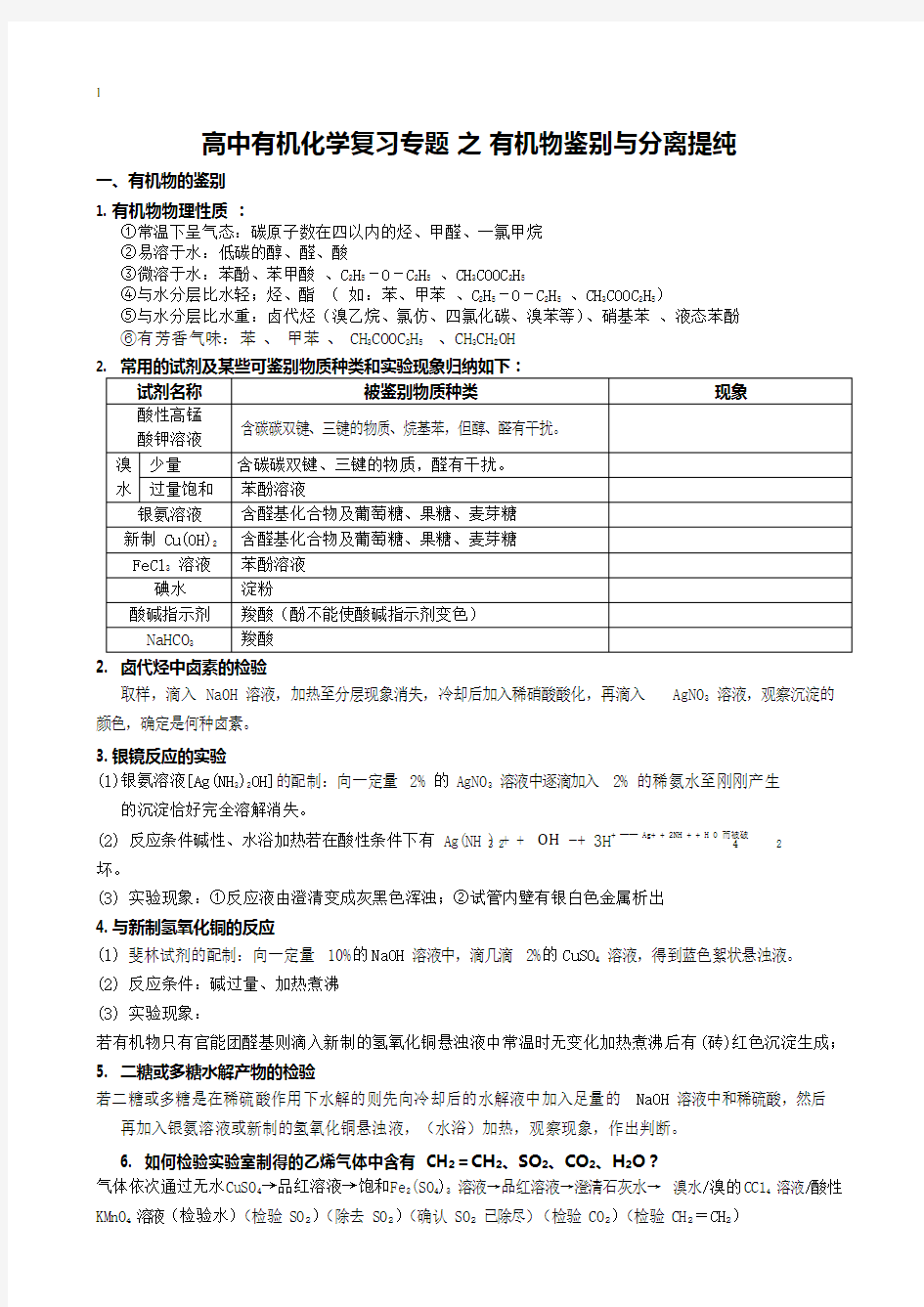 2018高考化学之有机物鉴别与分离提纯(最新整理)