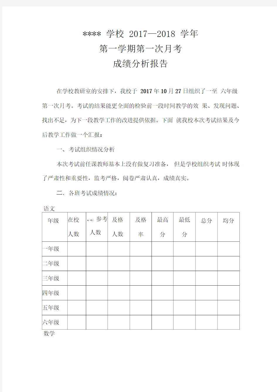 成绩分析报告word范本精选