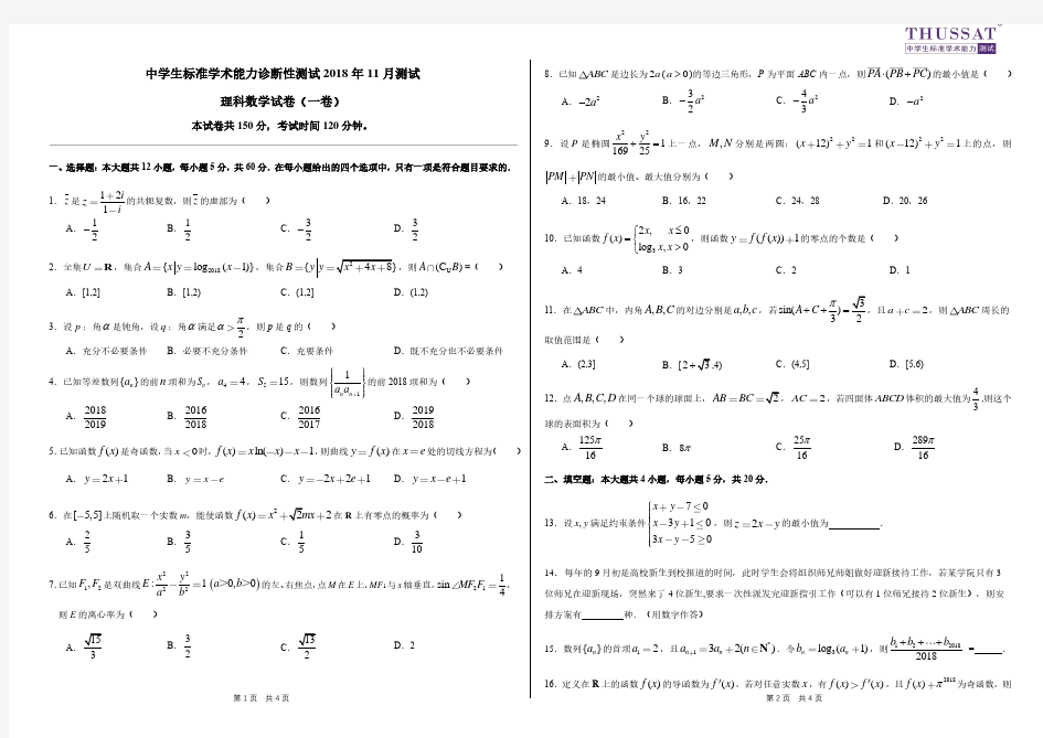 清华中学生标准学术能力测试理数(一卷)试卷及答案THUSSAT2018.11