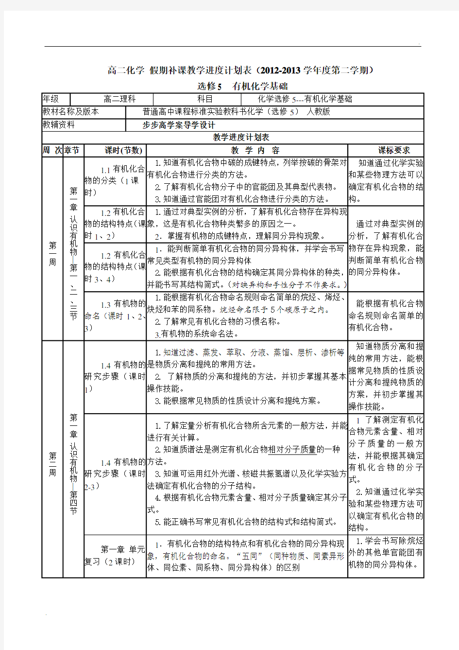 高二化学 选修5  教学进度计划表