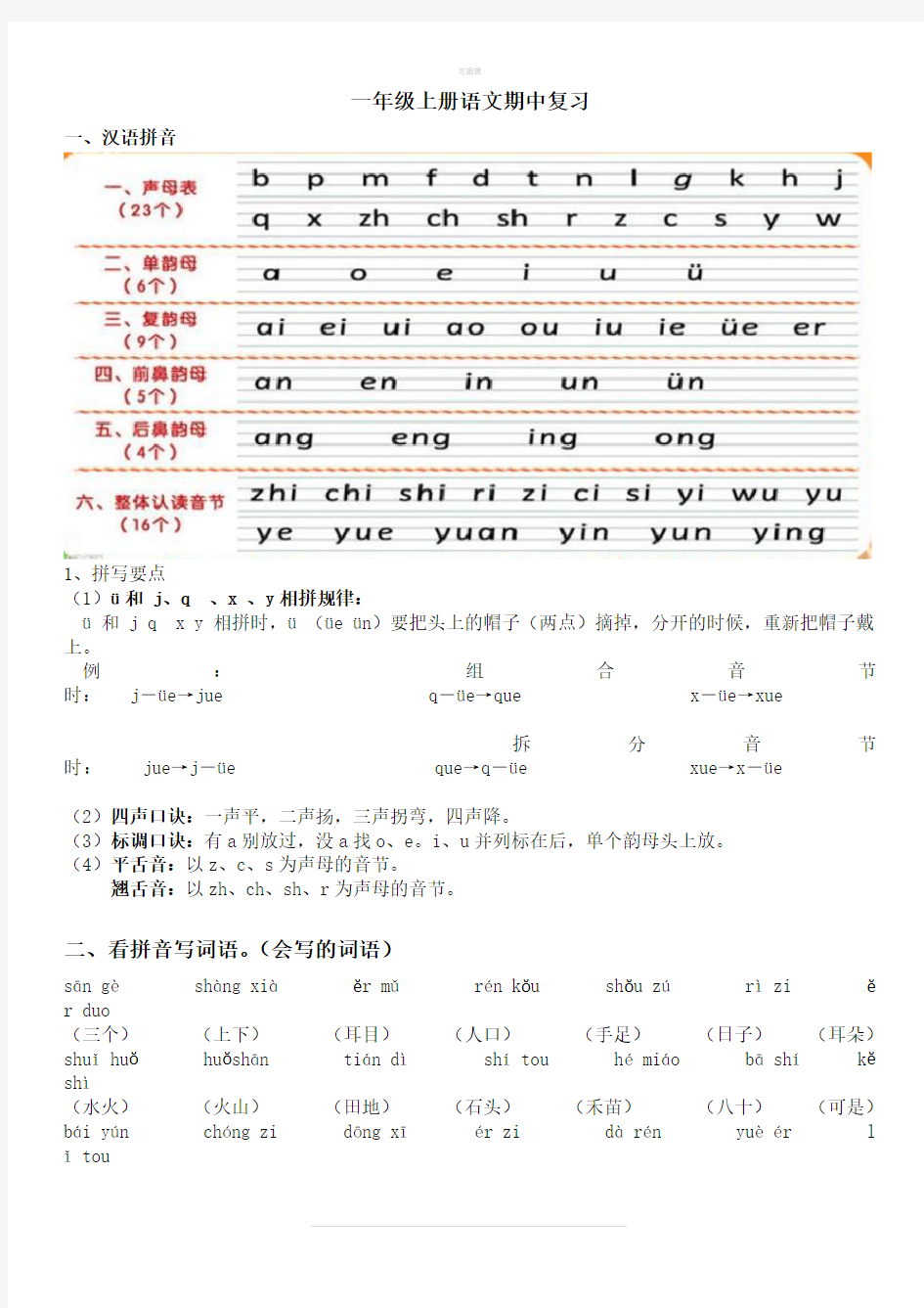 人教版一年级上册语文期中复习