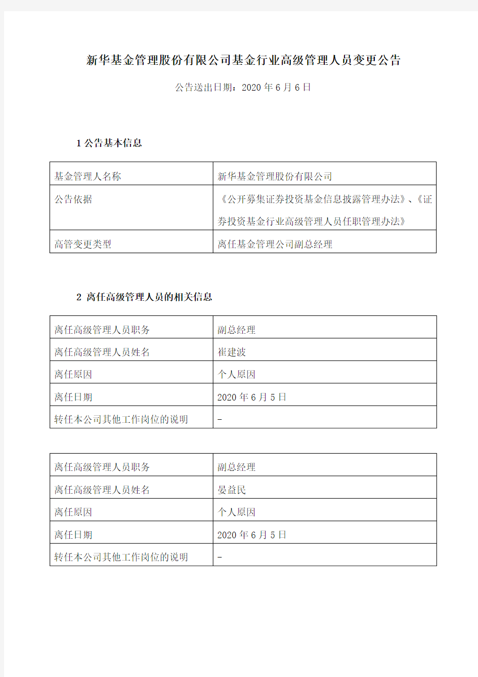 新华基金：基金行业高级管理人员变更公告