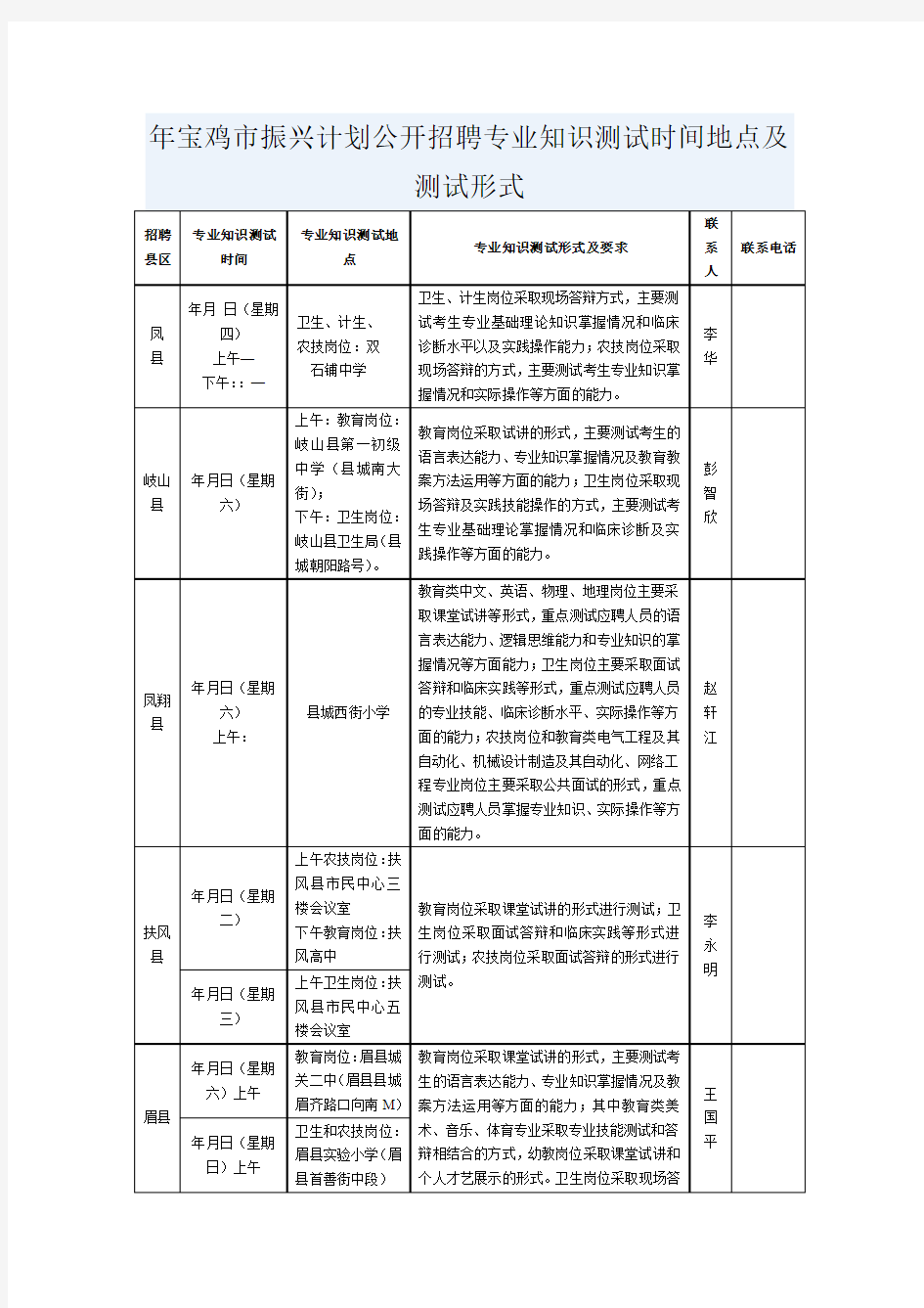 年宝鸡市振兴计划公开招聘专业知识测试时间地点及测试