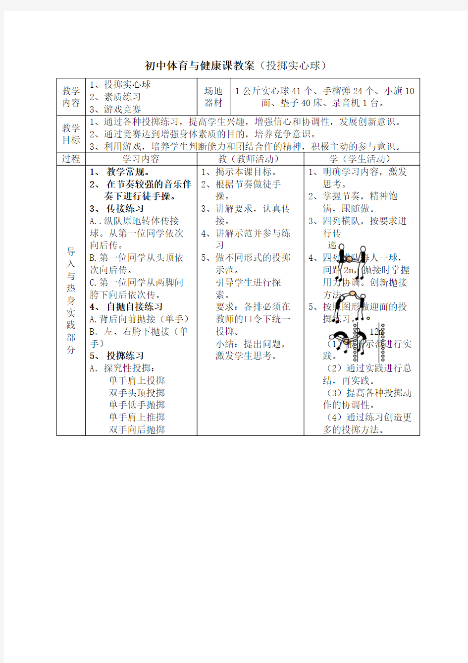 初中体育与健康课教案投掷实心球