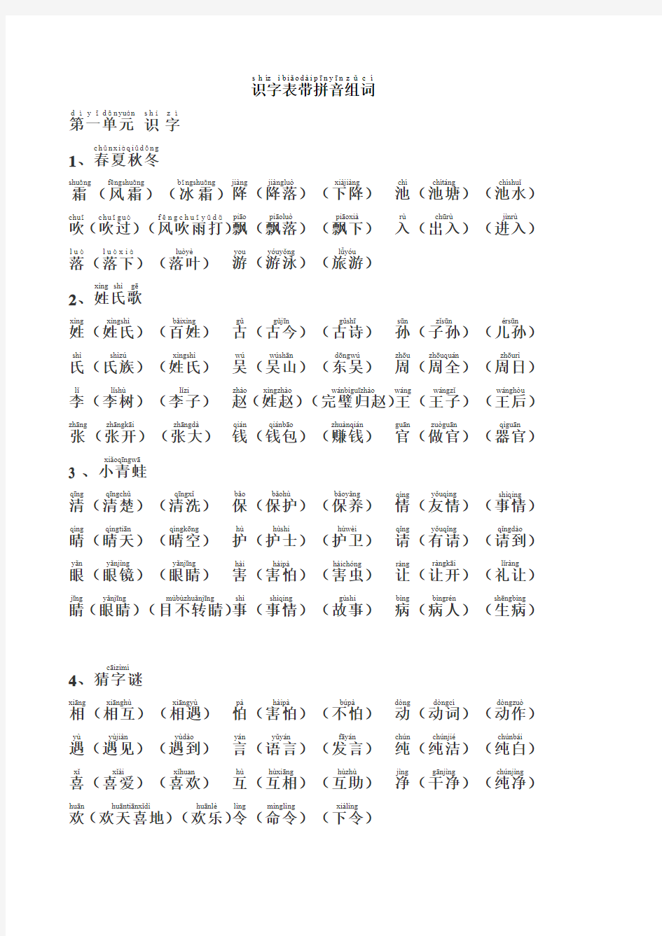 2019年一年级下册识字表组词