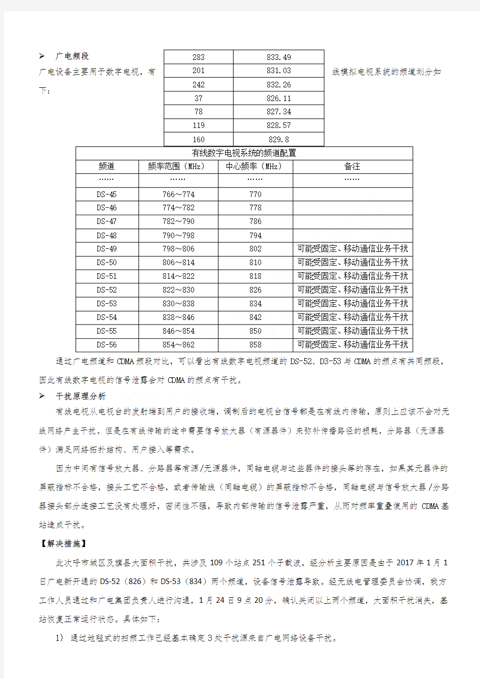 广电有线数字电视信号泄露干扰CDMA网络案例