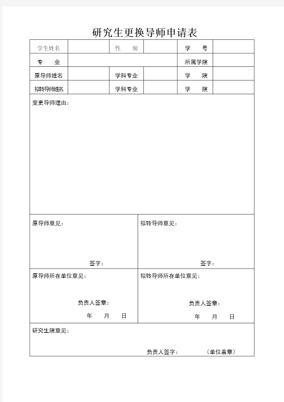 研究生更换导师申请表