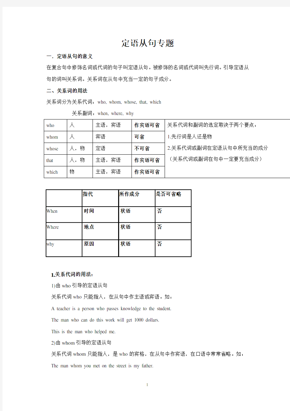 高一定语从句相关知识归纳整理、专题训练