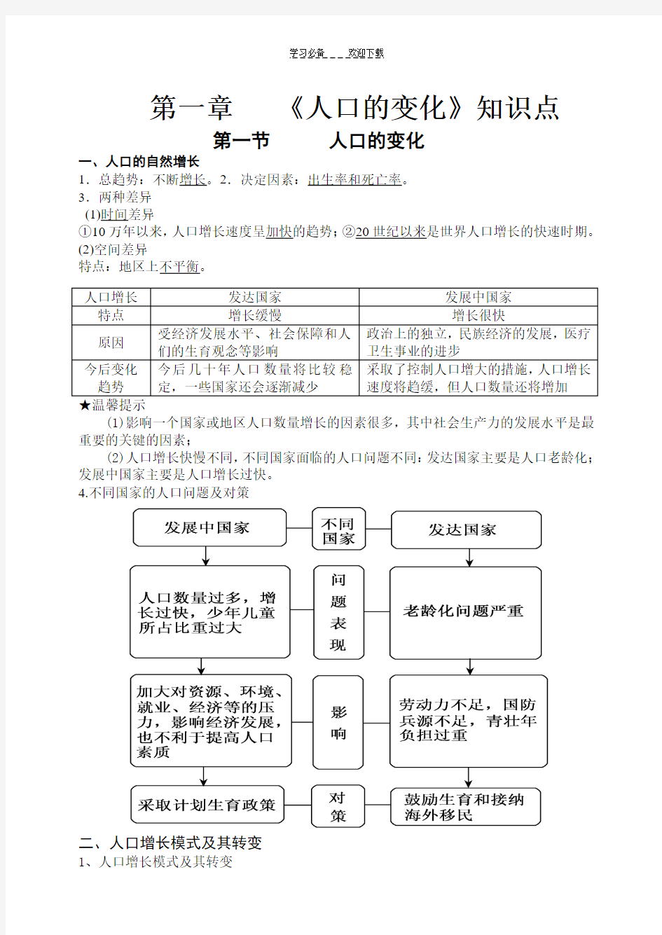 第一章人口的变化知识点