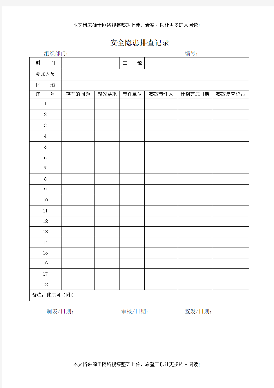 安全隐患排查记录(表格模板格式)