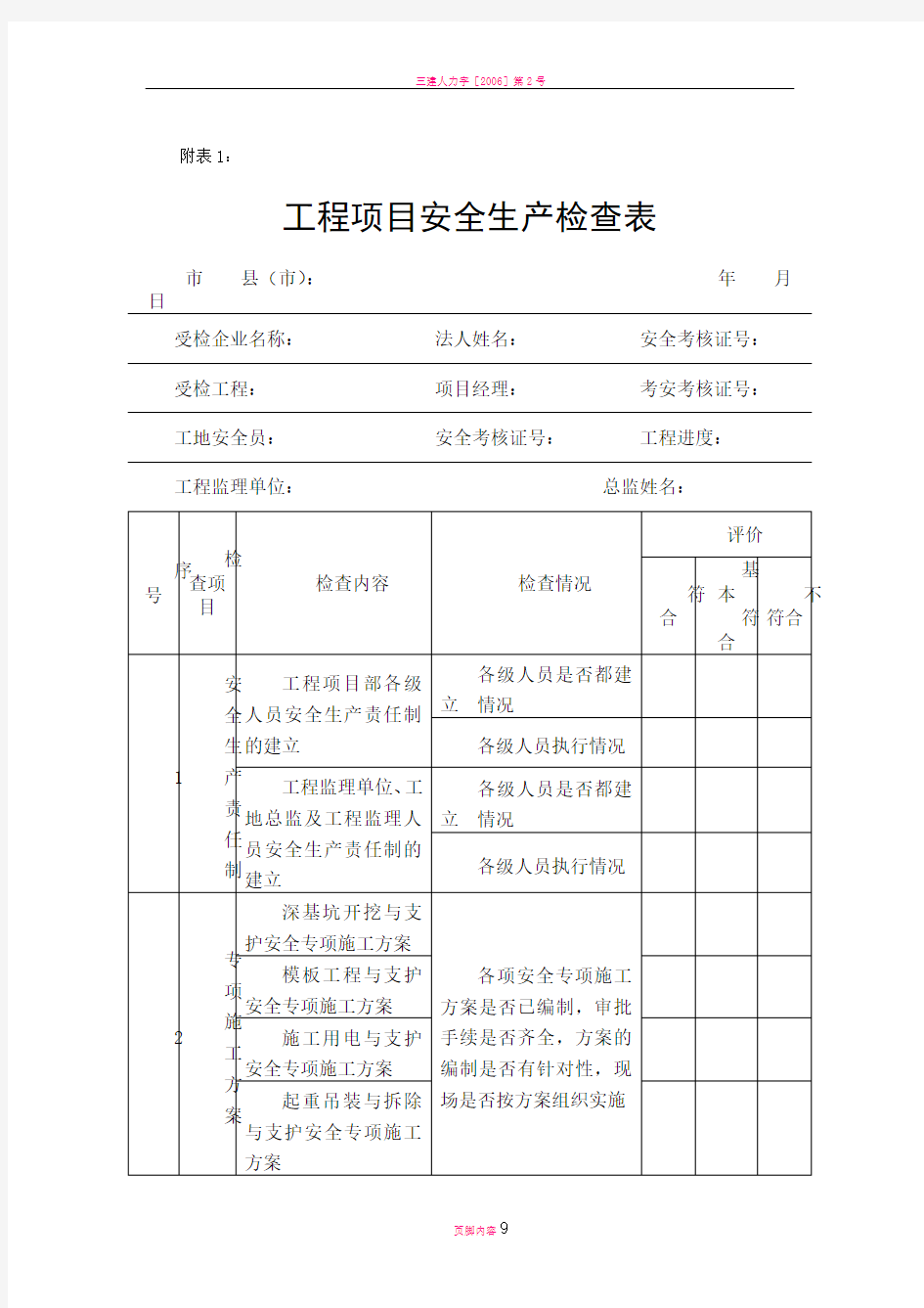 工程项目安全生产检查表