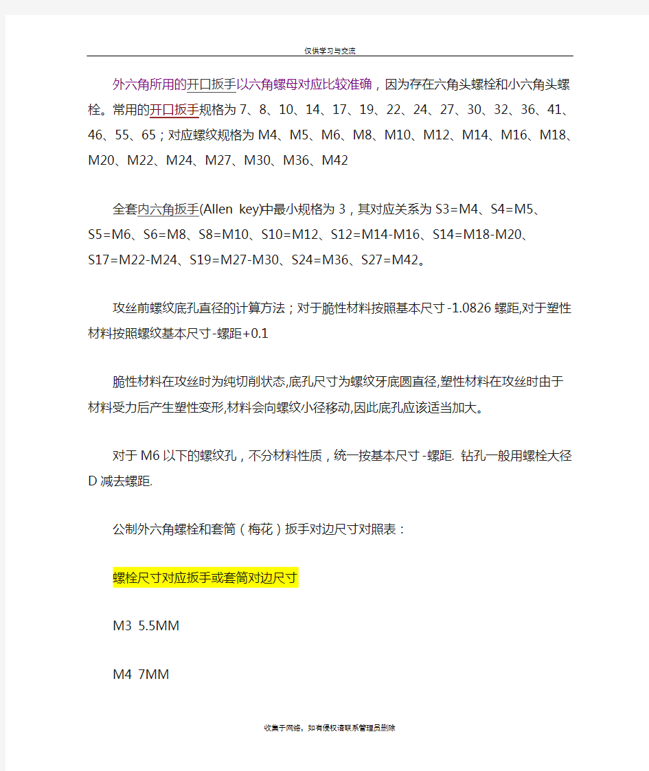 最新关于螺丝尺寸对应多大扳手