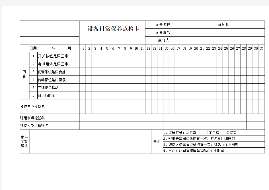 缝纫机设备日常保养点检卡