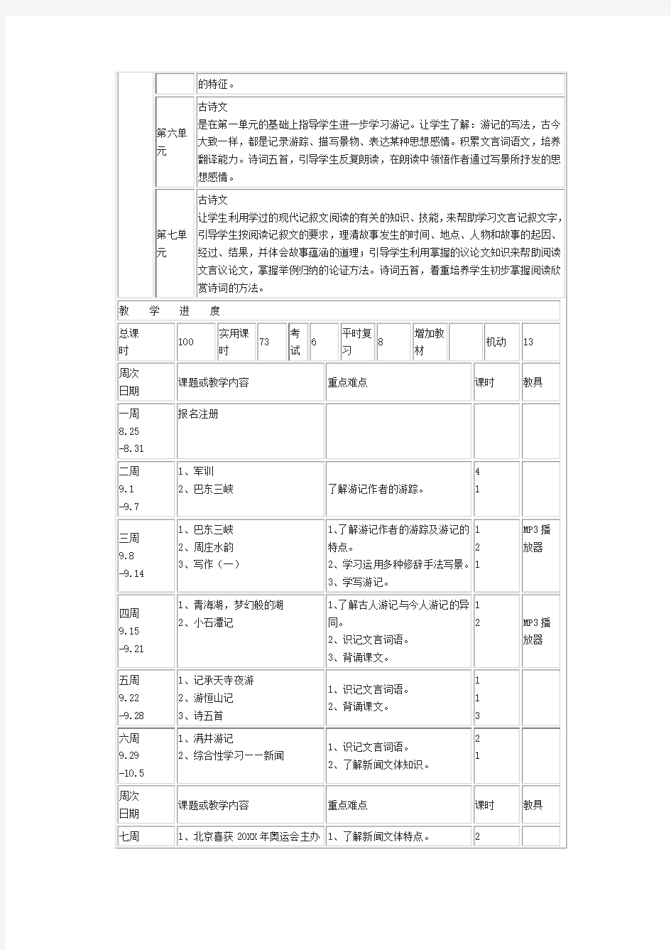 语文版八年级上语文教学计划含教学安排