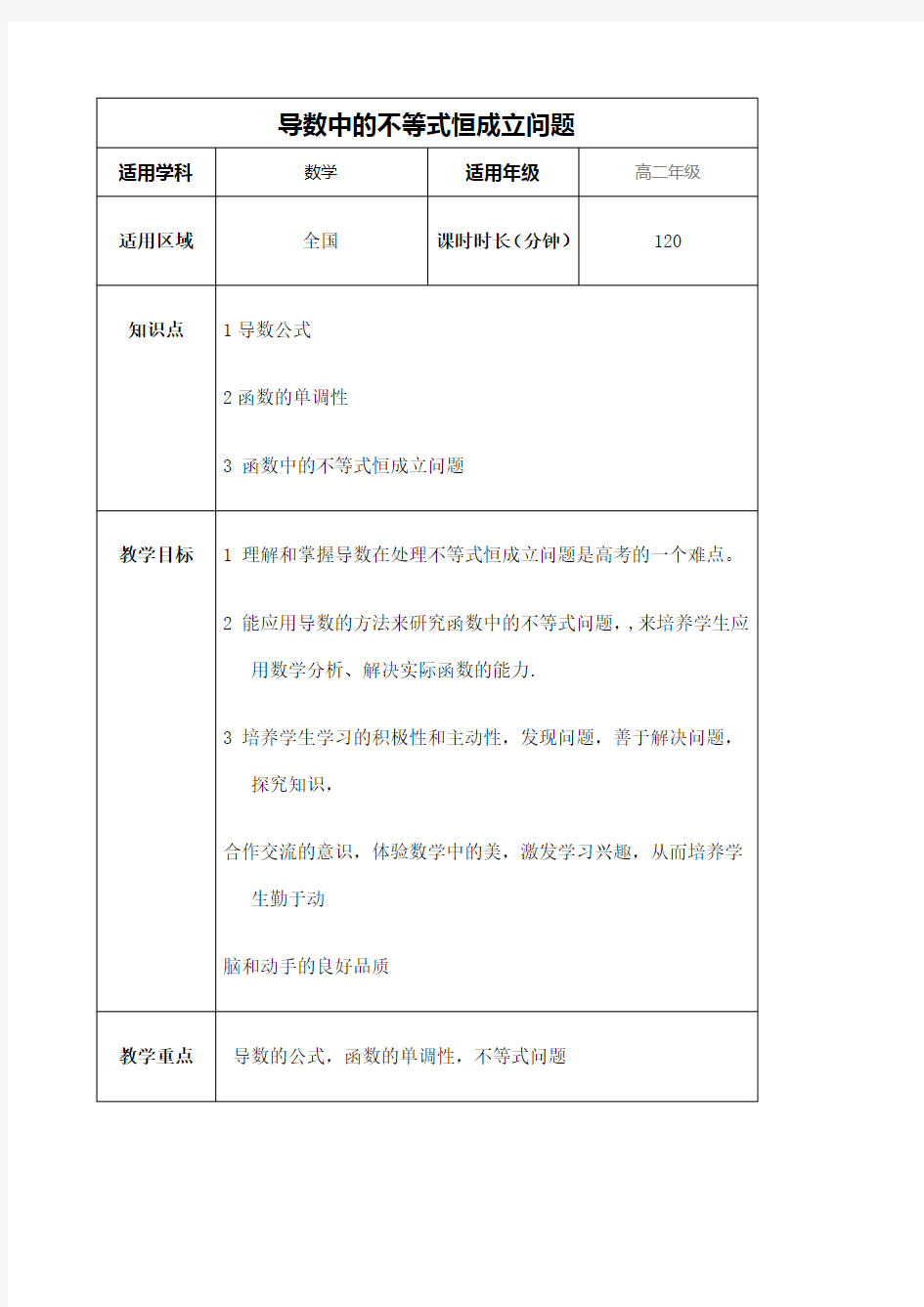 导数在处理不等式的恒成立问题一轮复习教案