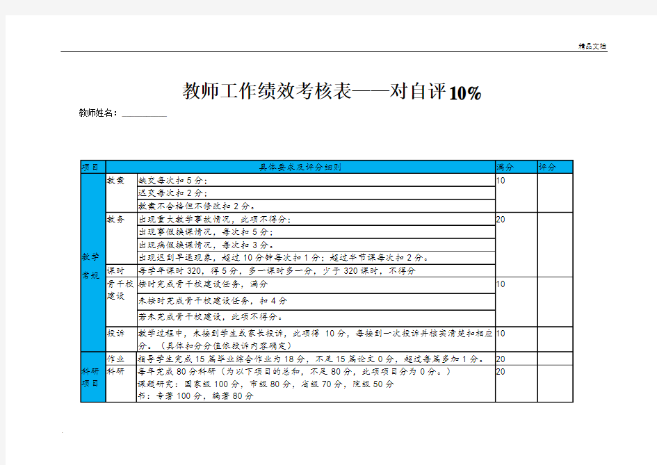 教师工作绩效考核表—自评