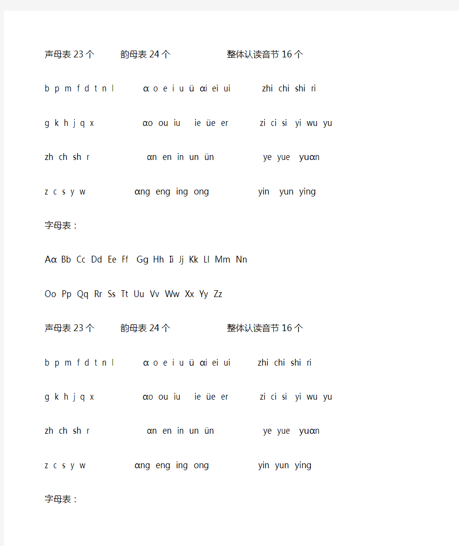 汉语拼音声母表23个               韵母表24个