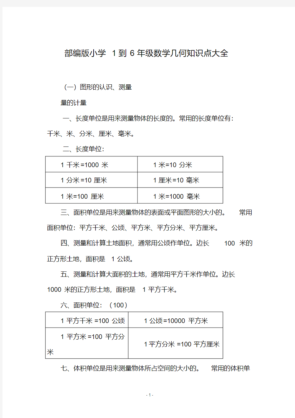 部编版小学1到6年级数学几何知识点大全