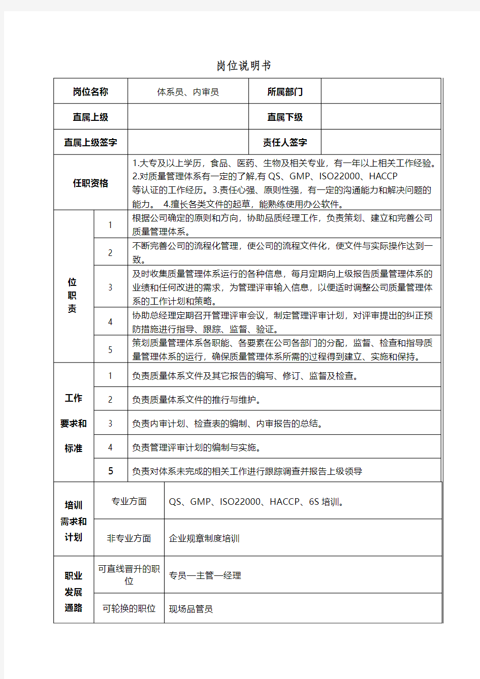 食品企业体系员、内审员岗位说明书