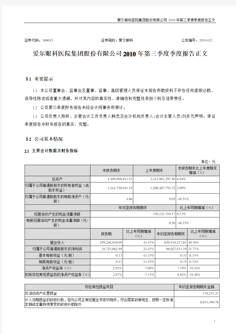 爱尔眼科：2010年第三季度报告正文 2010-10-25