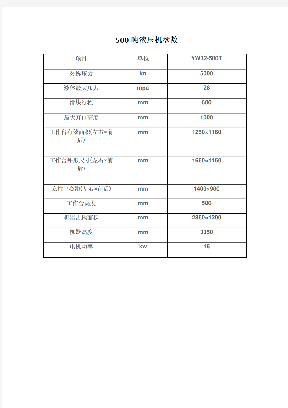 500吨液压机标准参数