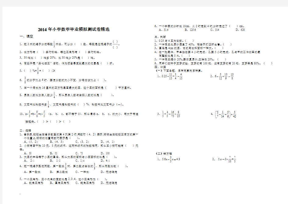 2014年小学六年级数学小升初经典复习试题