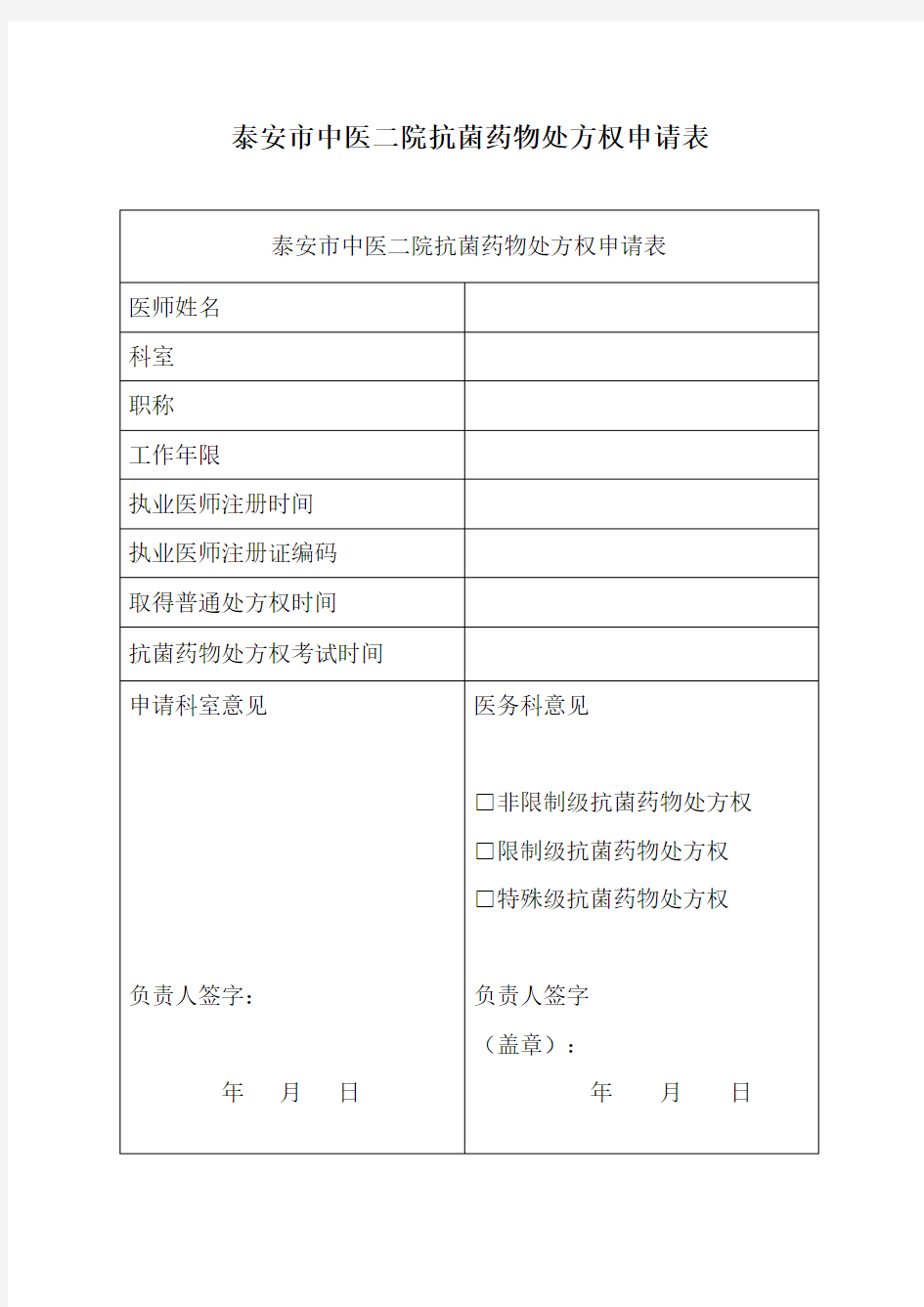 抗菌药物处方权申请表