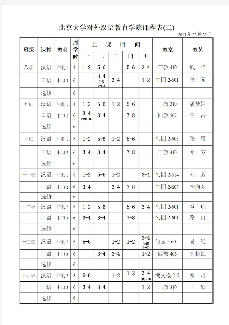 北京大学对外汉语教学中心课程表(一)
