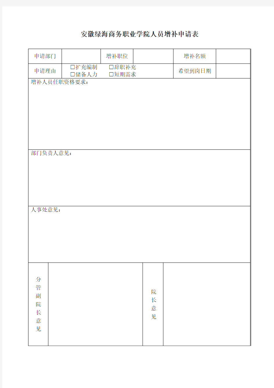 安徽绿海商务职业学院人员增补申请表