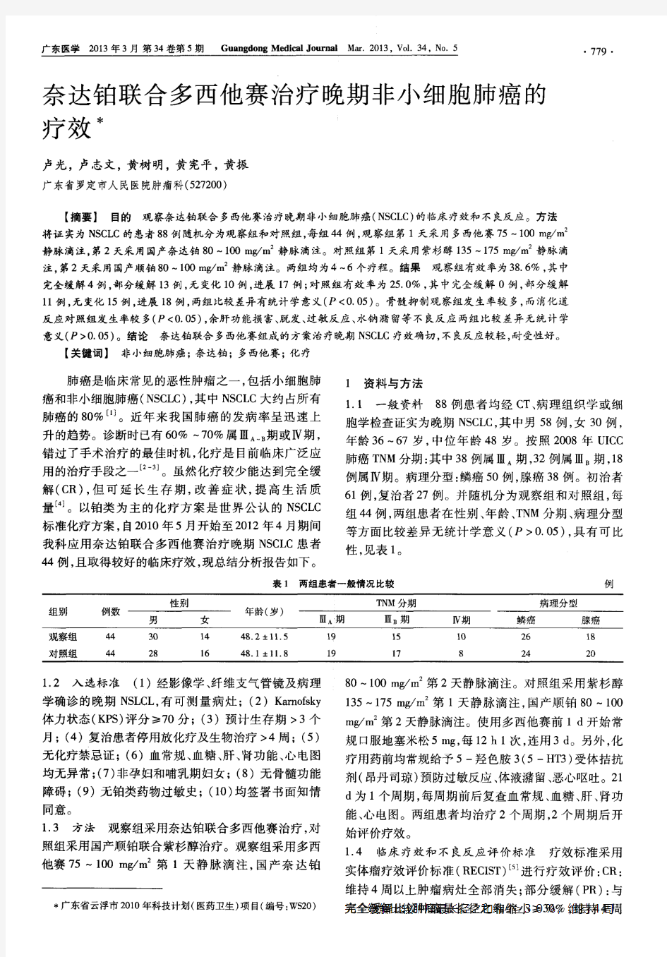 奈达铂联合多西他赛治疗晚期非小细胞肺癌的疗效