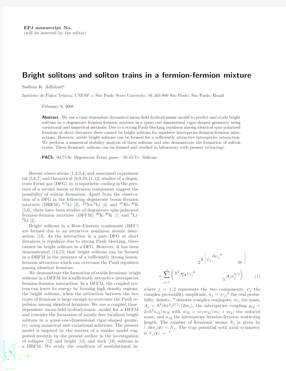 Bright solitons and soliton trains in a fermion-fermion mixture