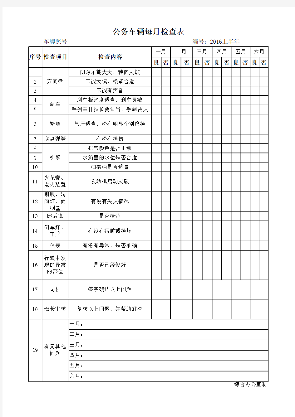 公务车辆每月检查表