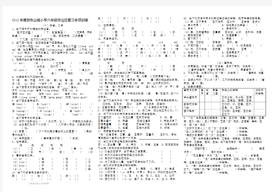 小学语文S版六年级毕业总复习专项训练