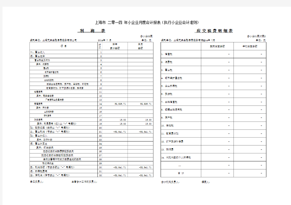 上海市小企业月度会计报表(执行小企业会计准则)EXCEL模版带公式