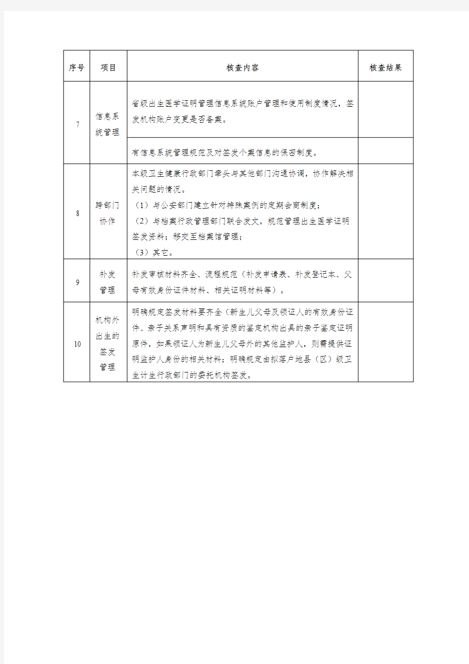 出生医学证明管理工作核查表