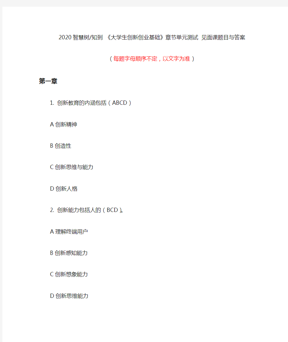 2020智慧树知到 《大学生创新创业基础》章节单元测试 见面课题目与答案