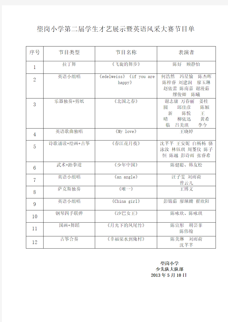 壆岗小学学生才艺展示暨英语风采大赛节目单