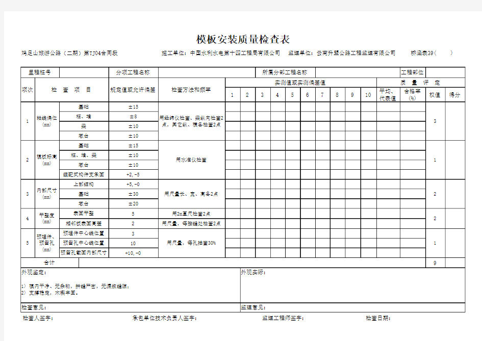 模板安装质量检查表