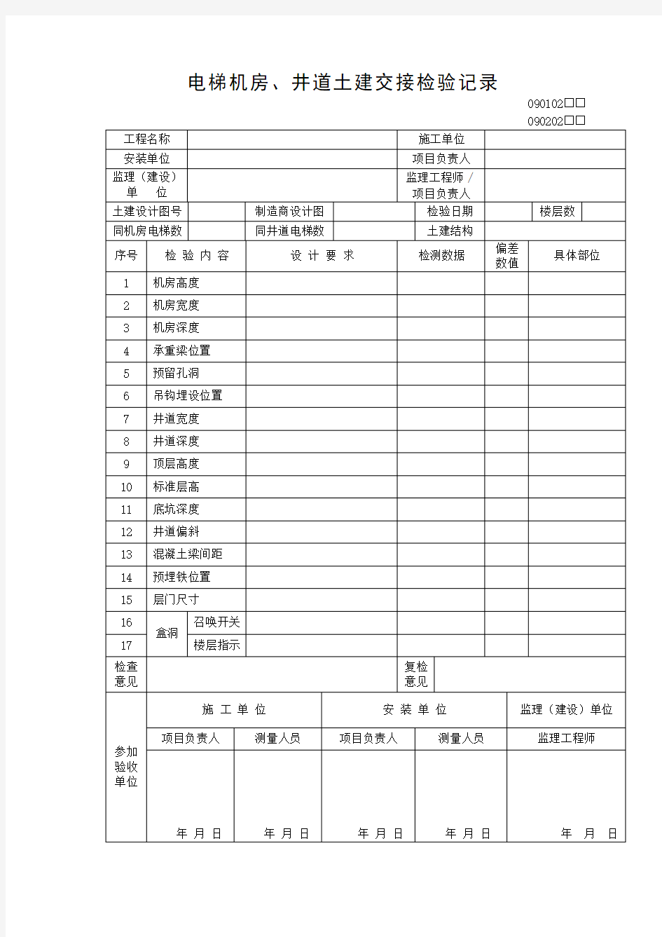 电梯机房井道土建交接检验记录